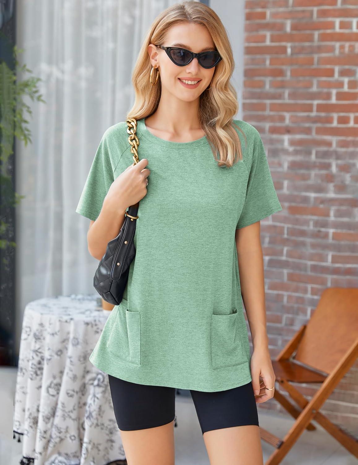 imageEkouaer Two Piece Sets for Women Summer Outfits 2026 Lounge Set Crew Neck Tshirts Biker Short Sweatsuit with PocketLight Green