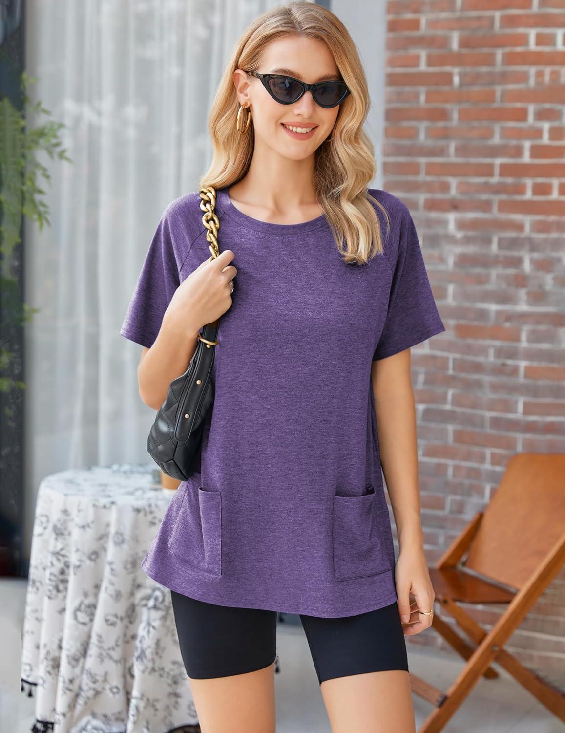 imageEkouaer Two Piece Sets for Women Summer Outfits 2026 Lounge Set Crew Neck Tshirts Biker Short Sweatsuit with PocketPurple