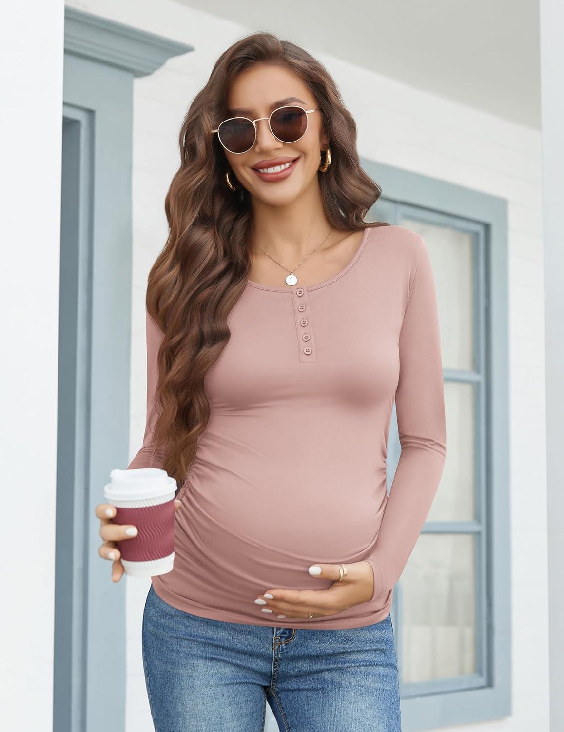 imageEkouaer Women 3 Pack Maternity Shirts Long Sleeve Pregnancy Tops Button Down Postpartum Tees Scoop Neck Pregnant T ShirtsBlackArmy GreenDirty Pink