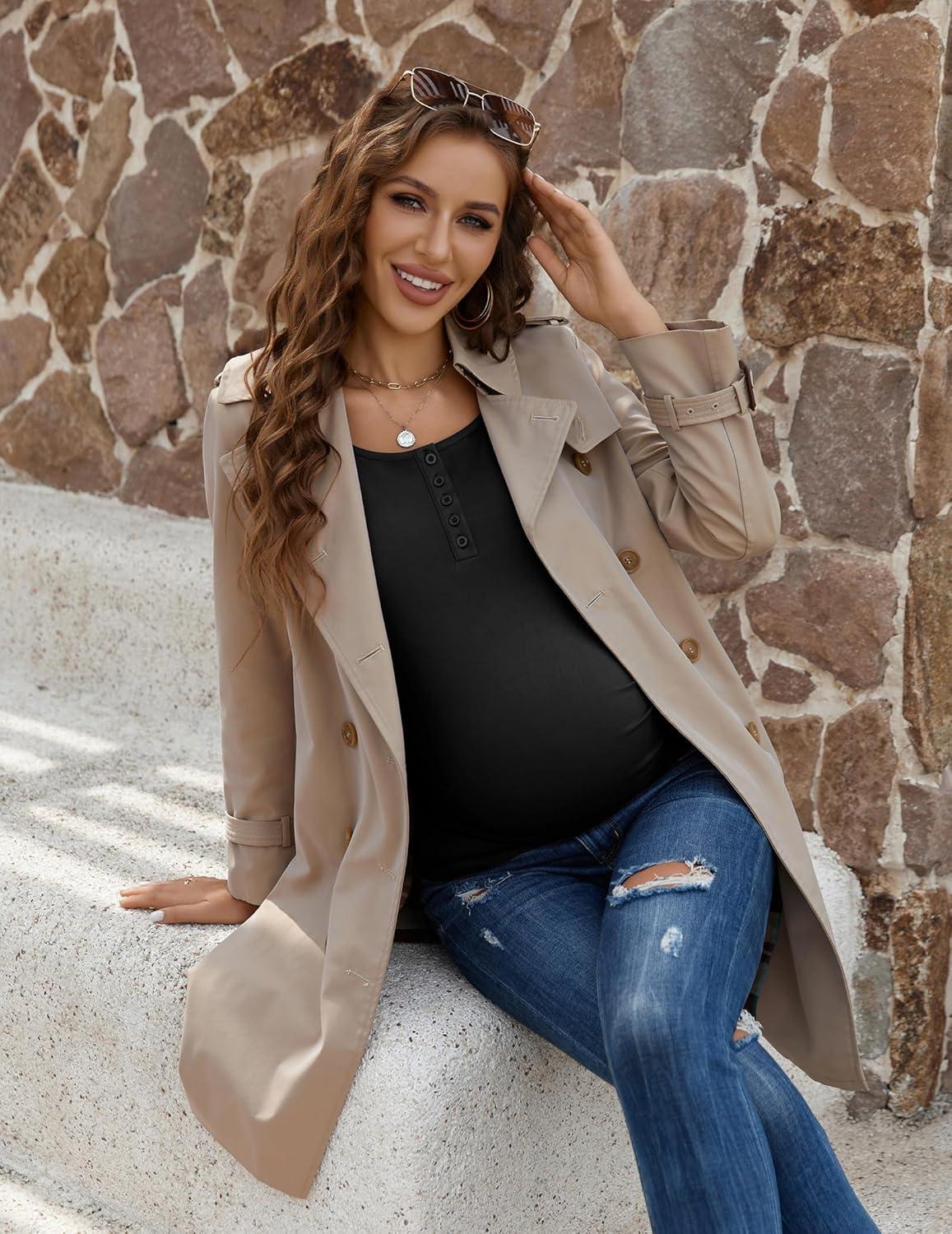 imageEkouaer Women 3 Pack Maternity Shirts Long Sleeve Pregnancy Tops Button Down Postpartum Tees Scoop Neck Pregnant T ShirtsBlackArmy GreenDirty Pink