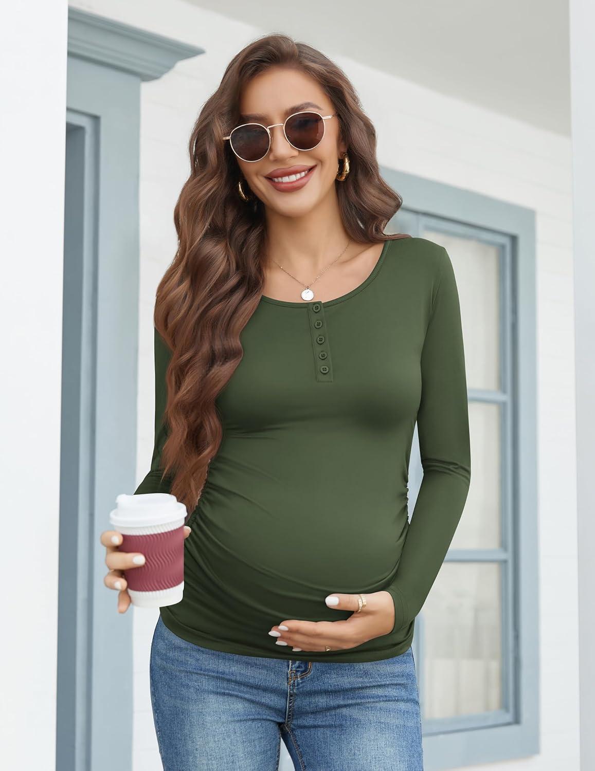 imageEkouaer Women 3 Pack Maternity Shirts Long Sleeve Pregnancy Tops Button Down Postpartum Tees Scoop Neck Pregnant T ShirtsBlackDeep GreenStripes Whiteblack