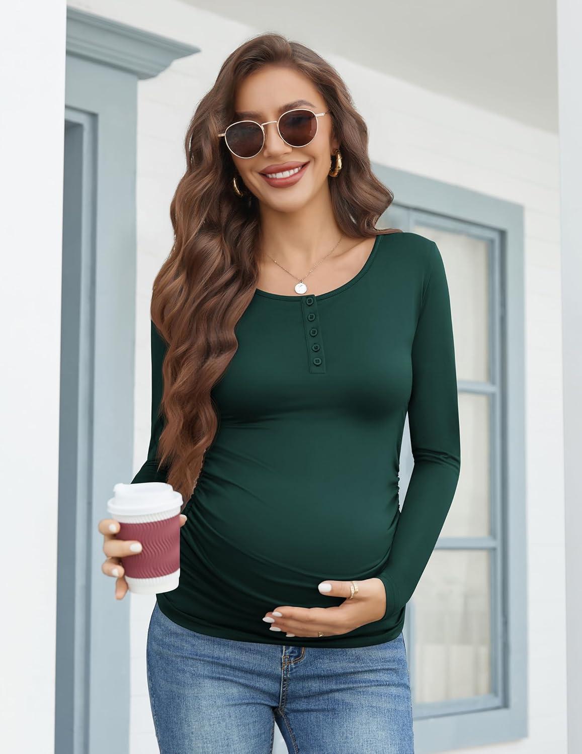 imageEkouaer Women 3 Pack Maternity Shirts Long Sleeve Pregnancy Tops Button Down Postpartum Tees Scoop Neck Pregnant T ShirtsBlackLight GreyLake Green