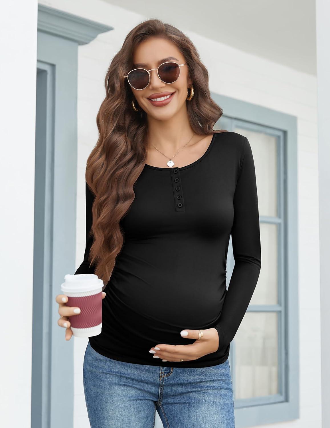 imageEkouaer Women 3 Pack Maternity Shirts Long Sleeve Pregnancy Tops Button Down Postpartum Tees Scoop Neck Pregnant T ShirtsBlackMid GreyArmy Green