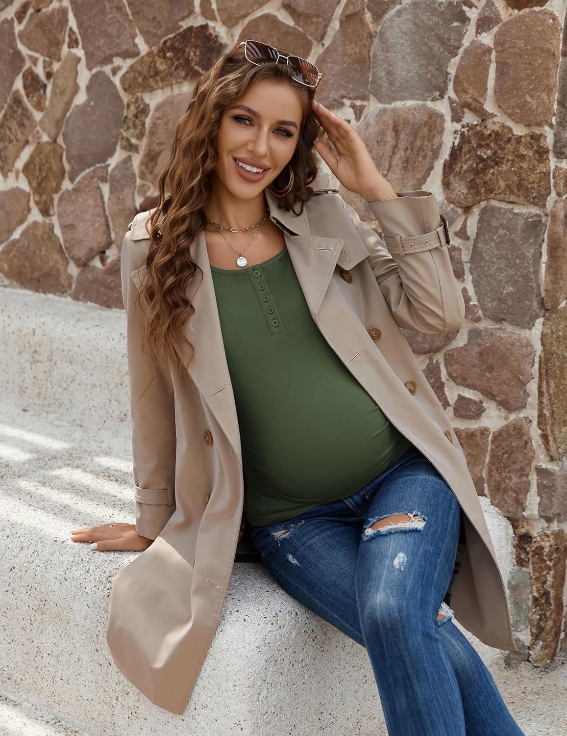 imageEkouaer Women 3 Pack Maternity Shirts Long Sleeve Pregnancy Tops Button Down Postpartum Tees Scoop Neck Pregnant T ShirtsBlackMid GreyArmy Green