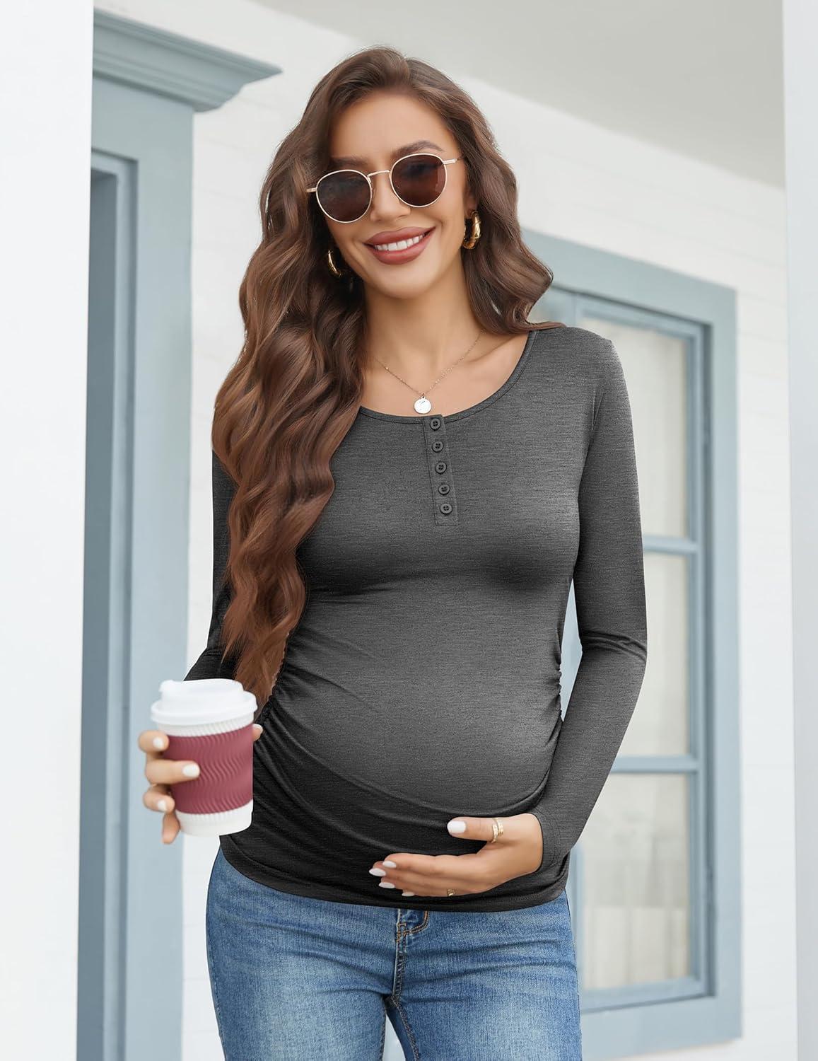 imageEkouaer Women 3 Pack Maternity Shirts Long Sleeve Pregnancy Tops Button Down Postpartum Tees Scoop Neck Pregnant T ShirtsDark RedDeep GreyCaramel