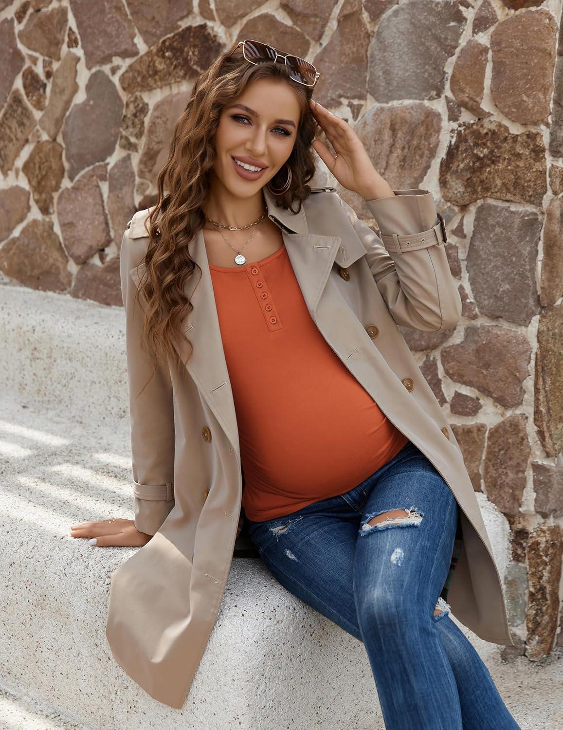 imageEkouaer Women 3 Pack Maternity Shirts Long Sleeve Pregnancy Tops Button Down Postpartum Tees Scoop Neck Pregnant T ShirtsDark RedDeep GreyCaramel