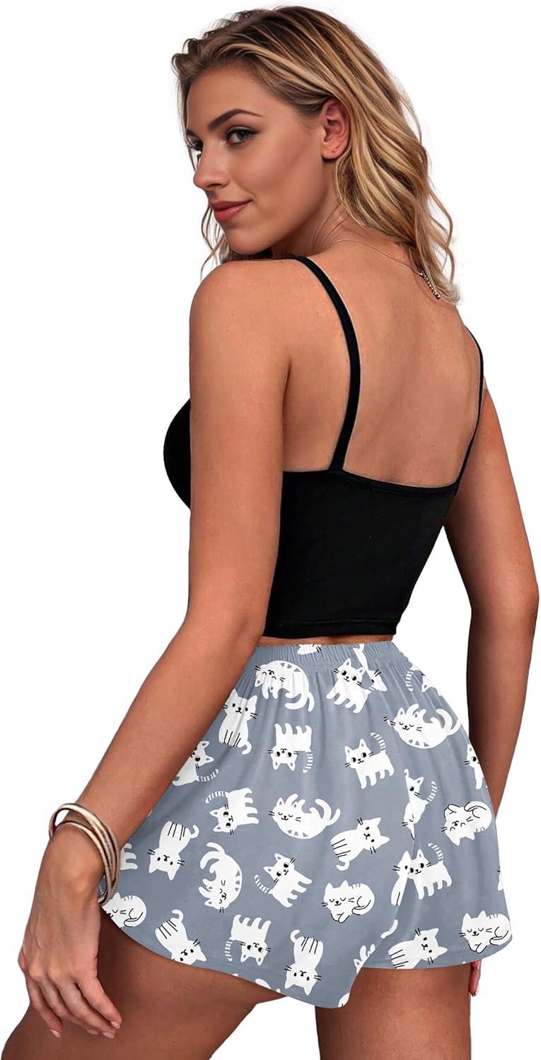 imageEkouaer Women Pajama Shorts Comfy Lounge Bottom with Pockets Stretch Strip Sleepwear Drawstring Pj Bottoms Sleep ShortsGrey Cat