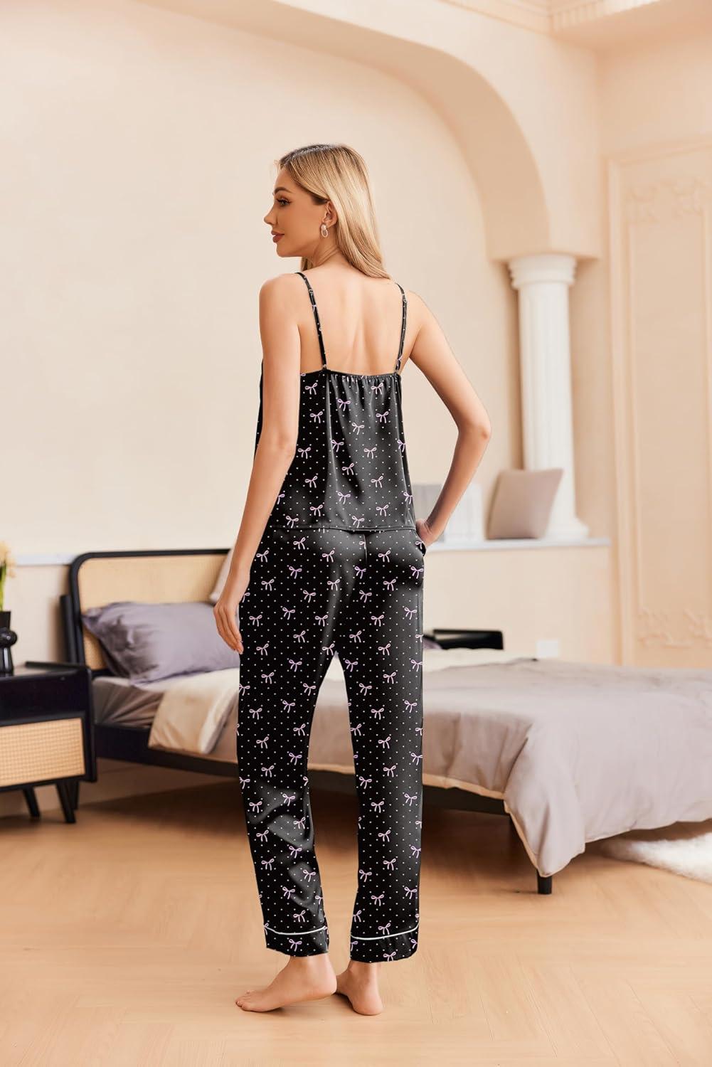 imageEkouaer Women Silk Satin Pajamas Sleeveless Pjs Set 2 Piece Summer Loungewear Sleepwear with Pockets SXXLPink Bow Black