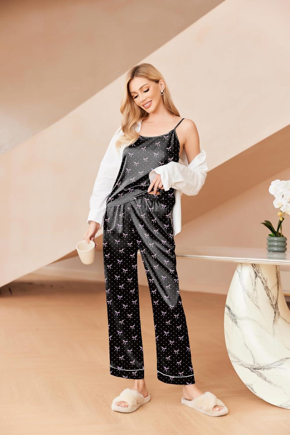 imageEkouaer Women Silk Satin Pajamas Sleeveless Pjs Set 2 Piece Summer Loungewear Sleepwear with Pockets SXXLPink Bow Black