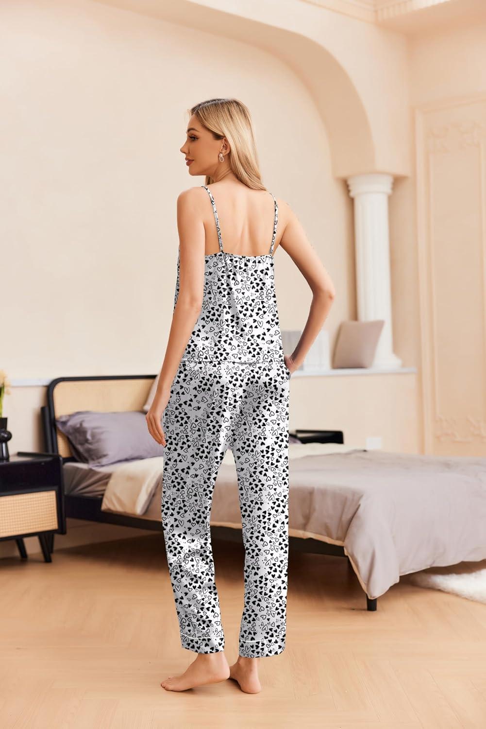 imageEkouaer Women Silk Satin Pajamas Sleeveless Pjs Set 2 Piece Summer Loungewear Sleepwear with Pockets SXXLWhite Black Love