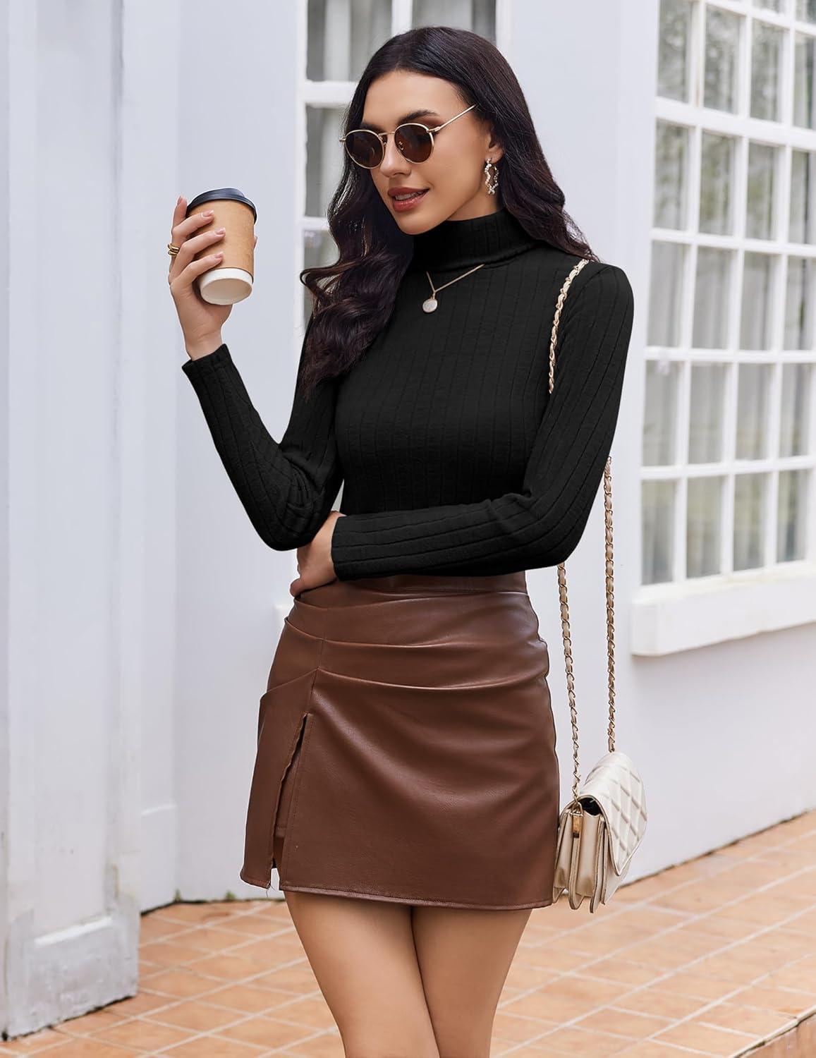 imageEkouaer Women Turtleneck Tops Ribbed Long Sleeve Shirts Fall Fashion Base Layer Thermal Winter ClothesBlack
