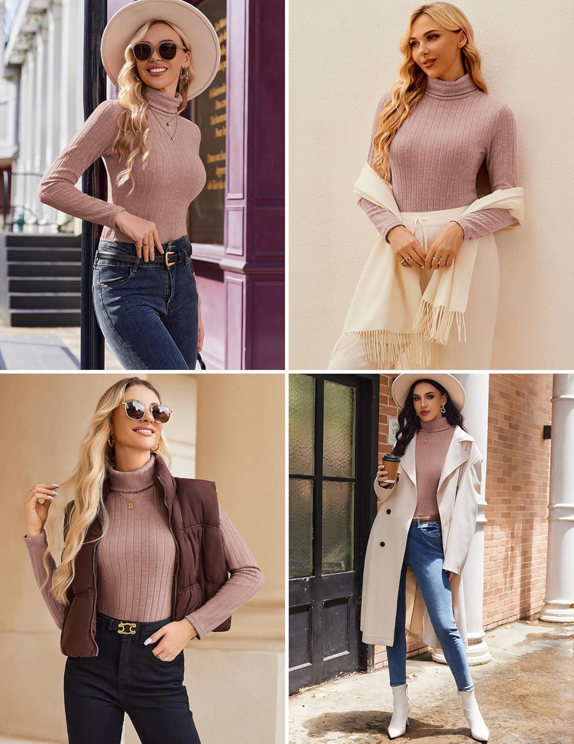 imageEkouaer Women Turtleneck Tops Ribbed Long Sleeve Shirts Fall Fashion Base Layer Thermal Winter ClothesDirty Pink