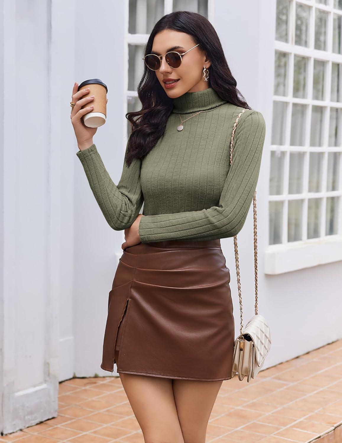 imageEkouaer Women Turtleneck Tops Ribbed Long Sleeve Shirts Fall Fashion Base Layer Thermal Winter ClothesOlive