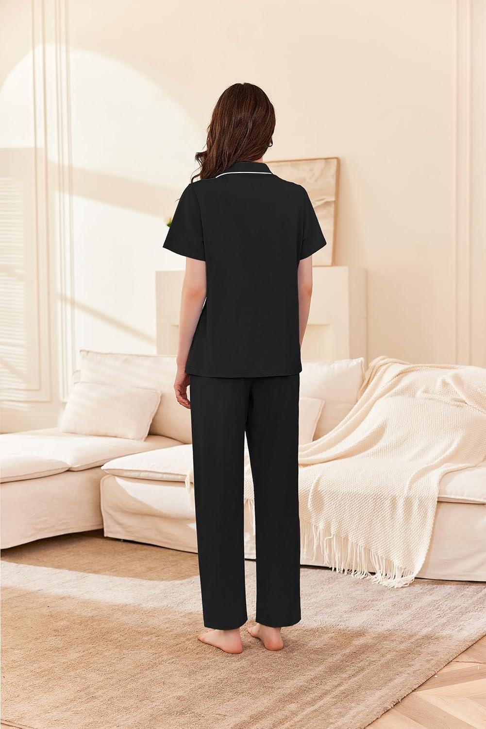 imageEkouaer Womens 100 Cotton Pajamas Set Short Sleeve Button Down Pjs 2 Piece Soft Sleepwear with Long Pants Lounge SetBlack