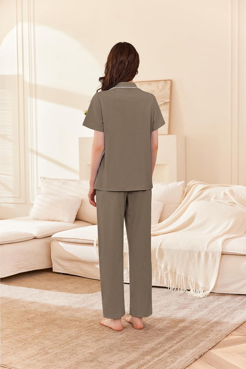 imageEkouaer Womens 100 Cotton Pajamas Set Short Sleeve Button Down Pjs 2 Piece Soft Sleepwear with Long Pants Lounge SetBrown