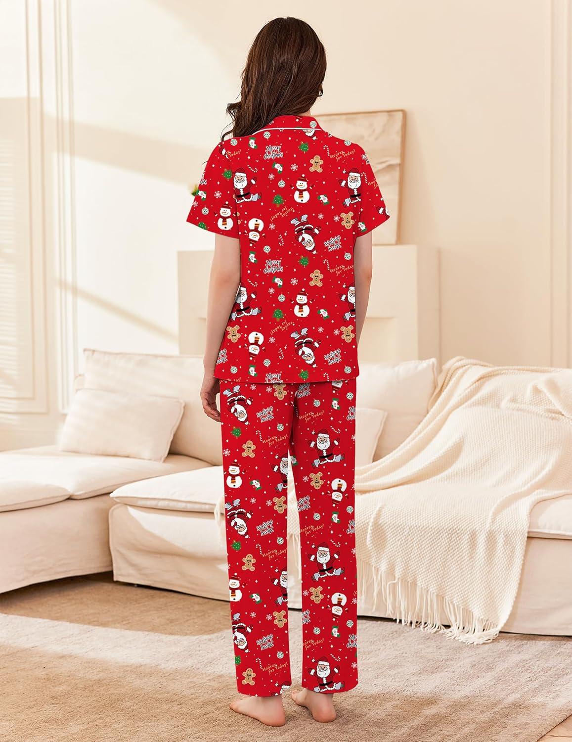 imageEkouaer Womens 100 Cotton Pajamas Set Short Sleeve Button Down Pjs 2 Piece Soft Sleepwear with Long Pants Lounge SetChristmas Red Santa Claus
