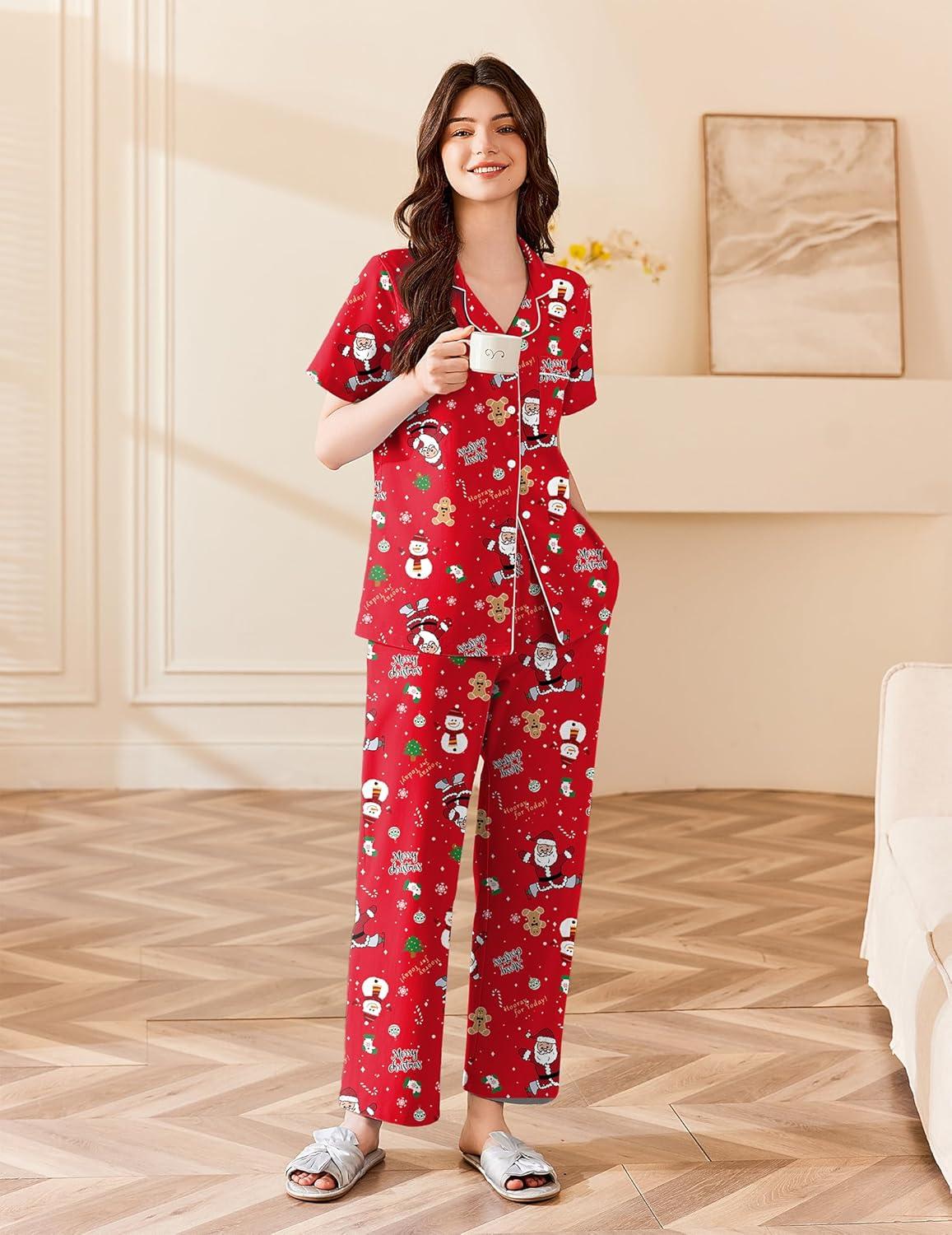 imageEkouaer Womens 100 Cotton Pajamas Set Short Sleeve Button Down Pjs 2 Piece Soft Sleepwear with Long Pants Lounge SetChristmas Red Santa Claus