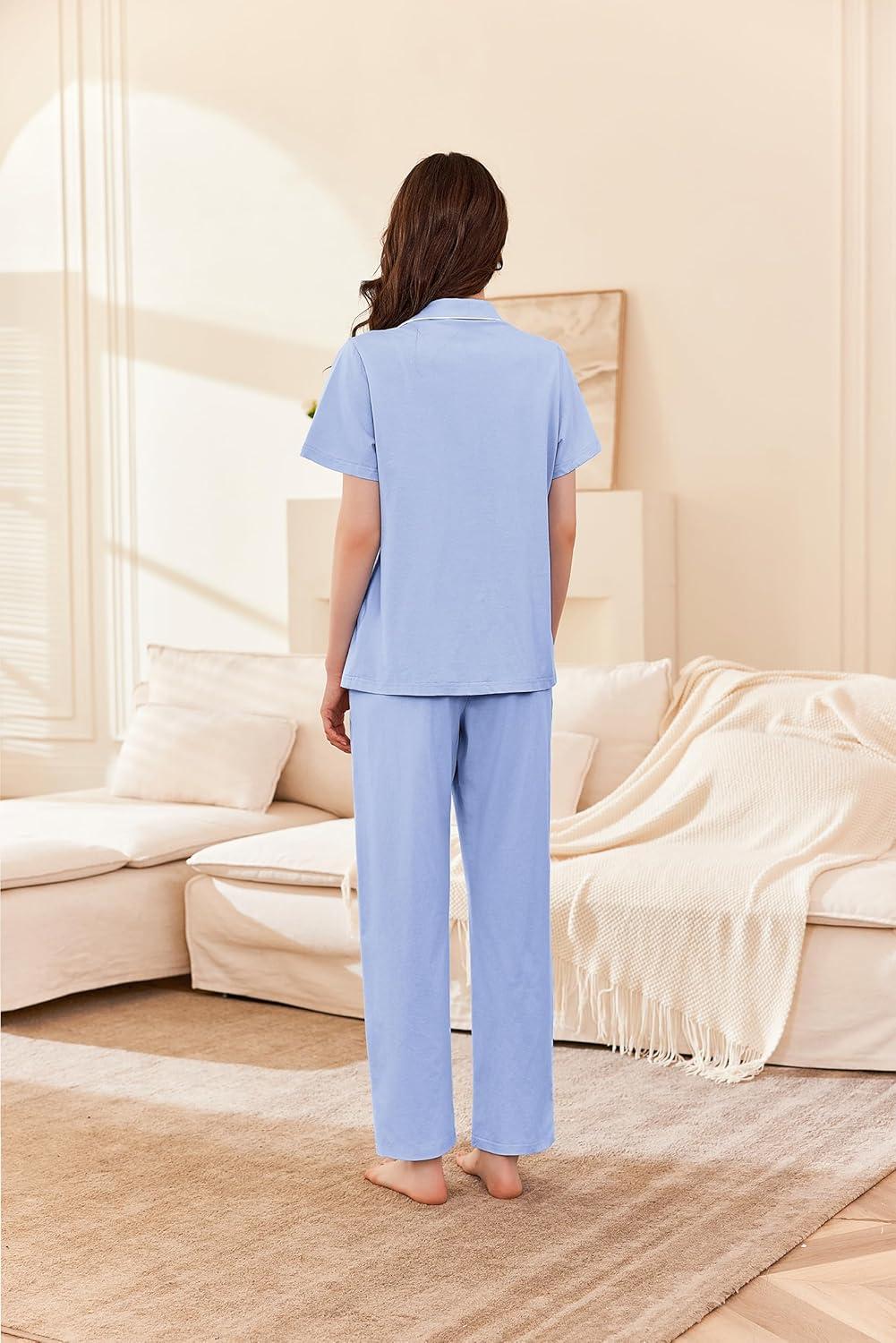imageEkouaer Womens 100 Cotton Pajamas Set Short Sleeve Button Down Pjs 2 Piece Soft Sleepwear with Long Pants Lounge SetClear Blue