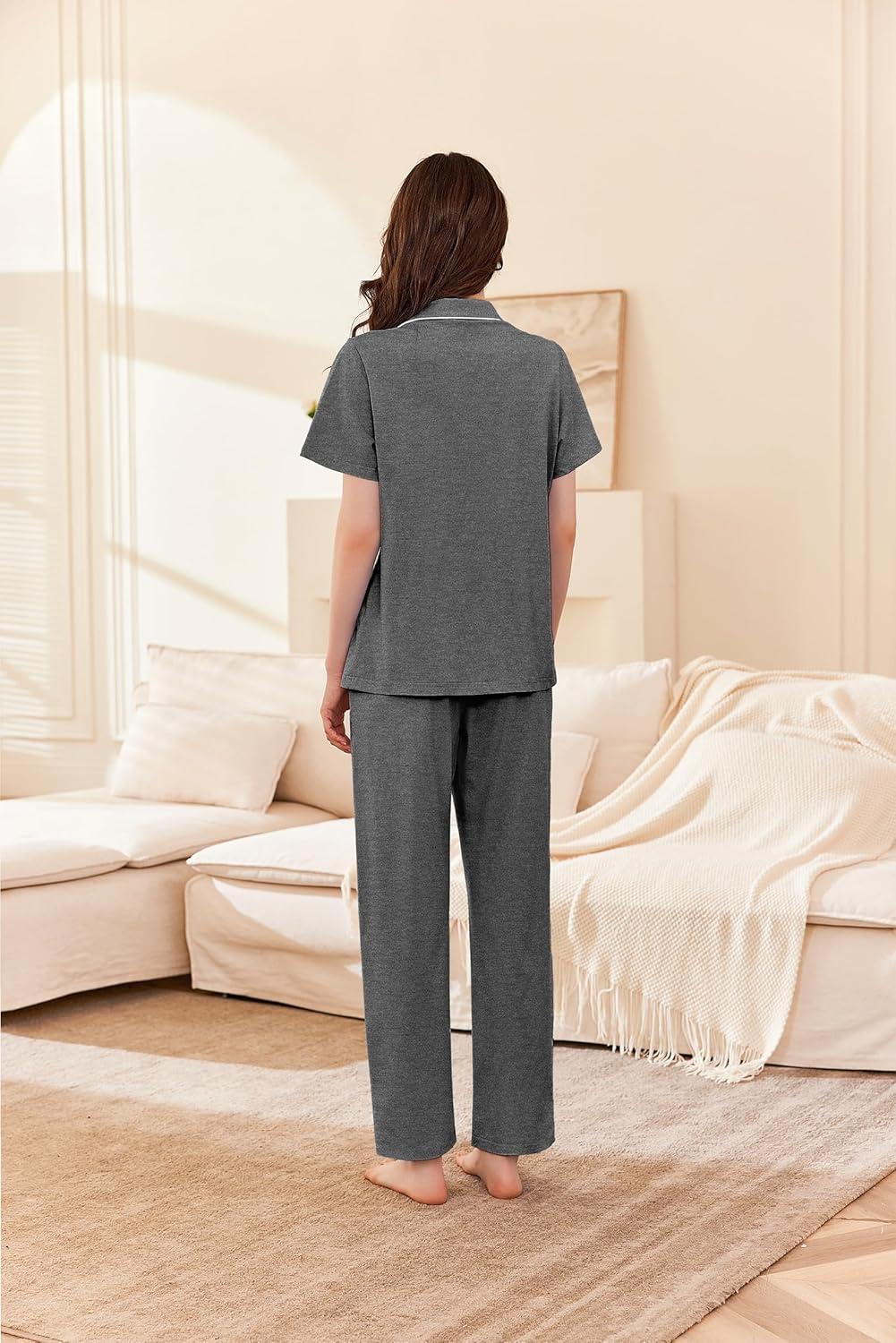 imageEkouaer Womens 100 Cotton Pajamas Set Short Sleeve Button Down Pjs 2 Piece Soft Sleepwear with Long Pants Lounge SetGrey