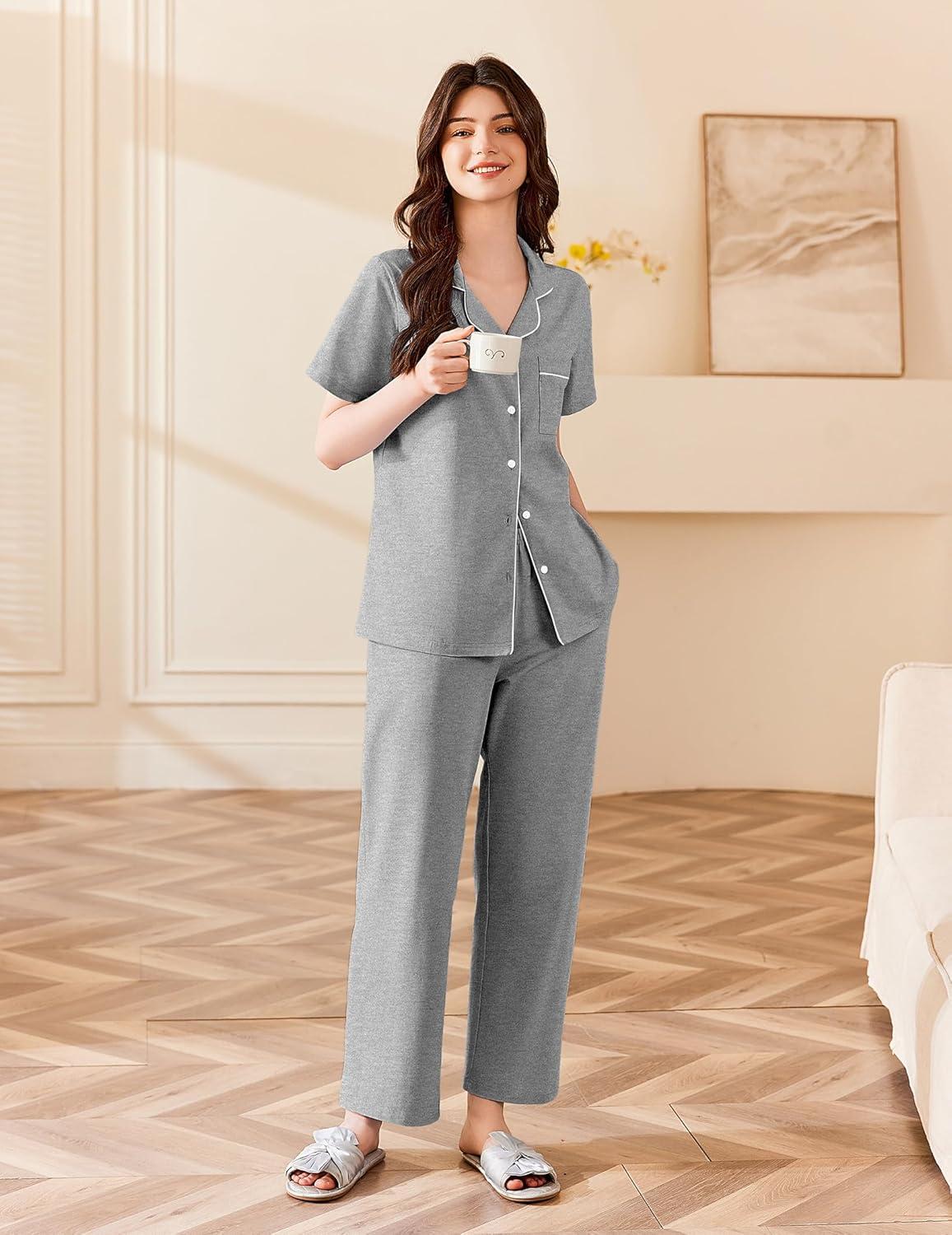 imageEkouaer Womens 100 Cotton Pajamas Set Short Sleeve Button Down Pjs 2 Piece Soft Sleepwear with Long Pants Lounge SetLight Grey