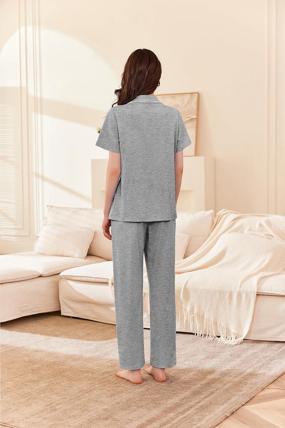 imageEkouaer Womens 100 Cotton Pajamas Set Short Sleeve Button Down Pjs 2 Piece Soft Sleepwear with Long Pants Lounge SetLight Grey