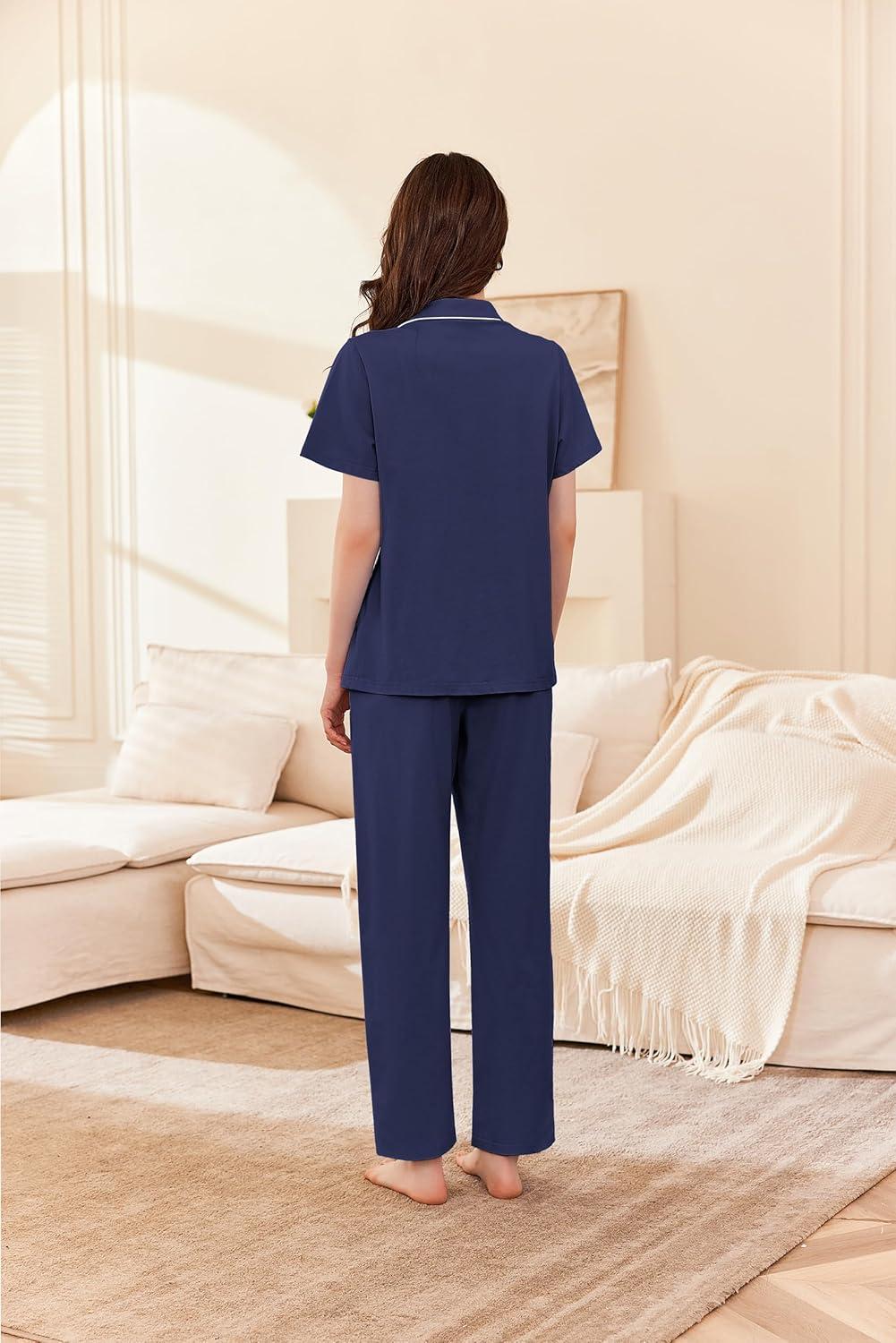 imageEkouaer Womens 100 Cotton Pajamas Set Short Sleeve Button Down Pjs 2 Piece Soft Sleepwear with Long Pants Lounge SetNavy Blue