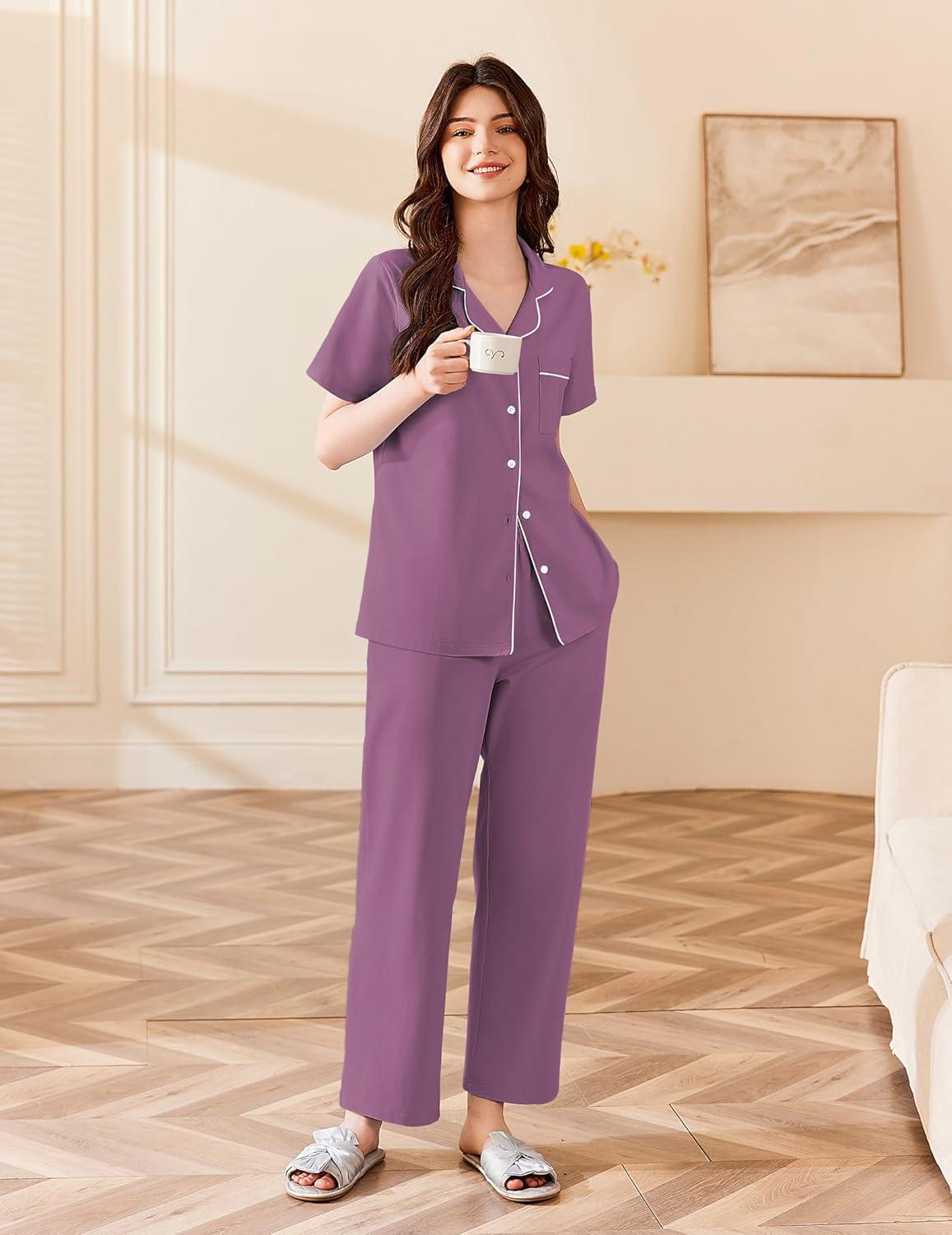 imageEkouaer Womens 100 Cotton Pajamas Set Short Sleeve Button Down Pjs 2 Piece Soft Sleepwear with Long Pants Lounge SetPurple