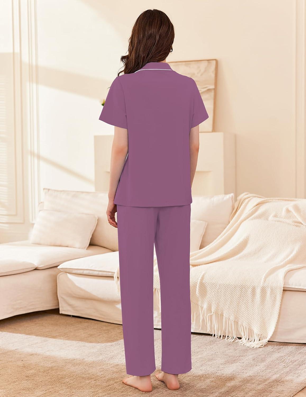 imageEkouaer Womens 100 Cotton Pajamas Set Short Sleeve Button Down Pjs 2 Piece Soft Sleepwear with Long Pants Lounge SetPurple