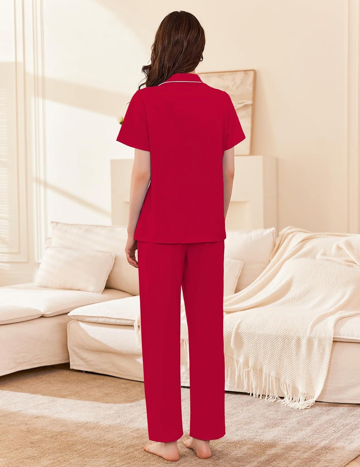 imageEkouaer Womens 100 Cotton Pajamas Set Short Sleeve Button Down Pjs 2 Piece Soft Sleepwear with Long Pants Lounge SetRed