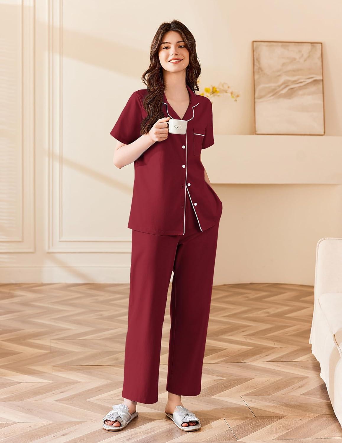 imageEkouaer Womens 100 Cotton Pajamas Set Short Sleeve Button Down Pjs 2 Piece Soft Sleepwear with Long Pants Lounge SetWine Red