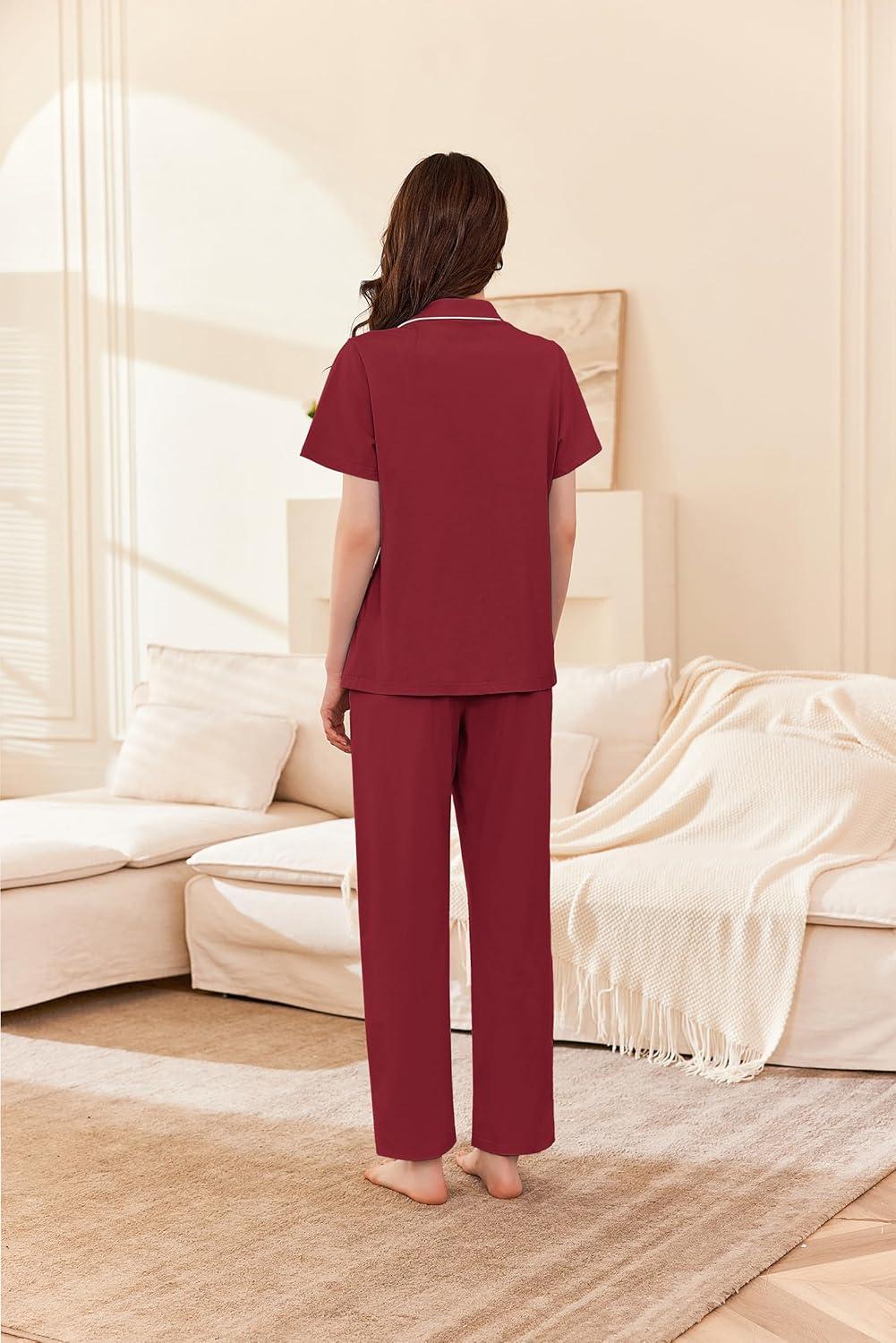 imageEkouaer Womens 100 Cotton Pajamas Set Short Sleeve Button Down Pjs 2 Piece Soft Sleepwear with Long Pants Lounge SetWine Red