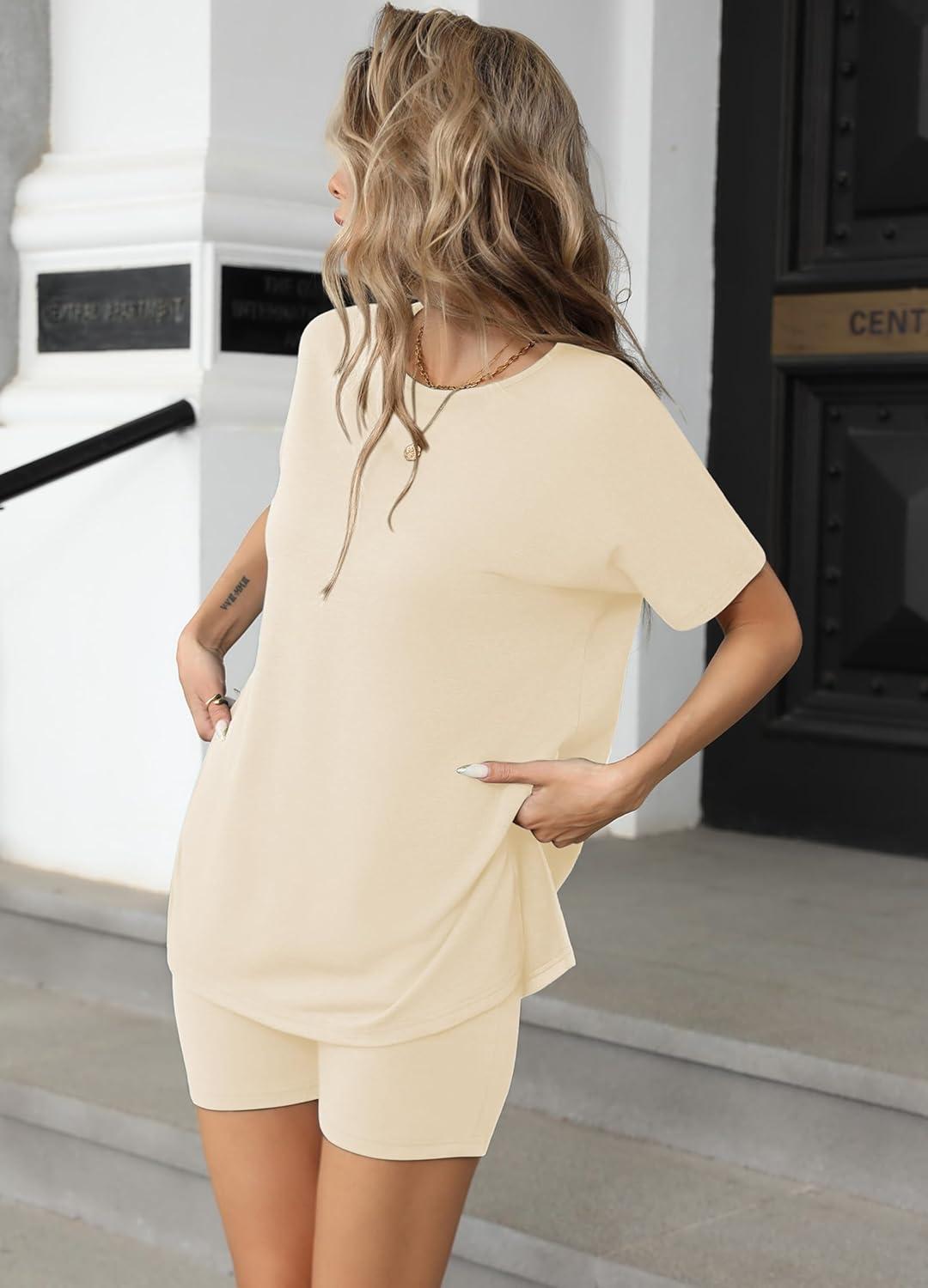 imageEkouaer Womens 2 Piece Lounge Set 2026 Summer Biker Shorts Set Outfits Short Sleeve Oversized Top Matching TracksuitApricot