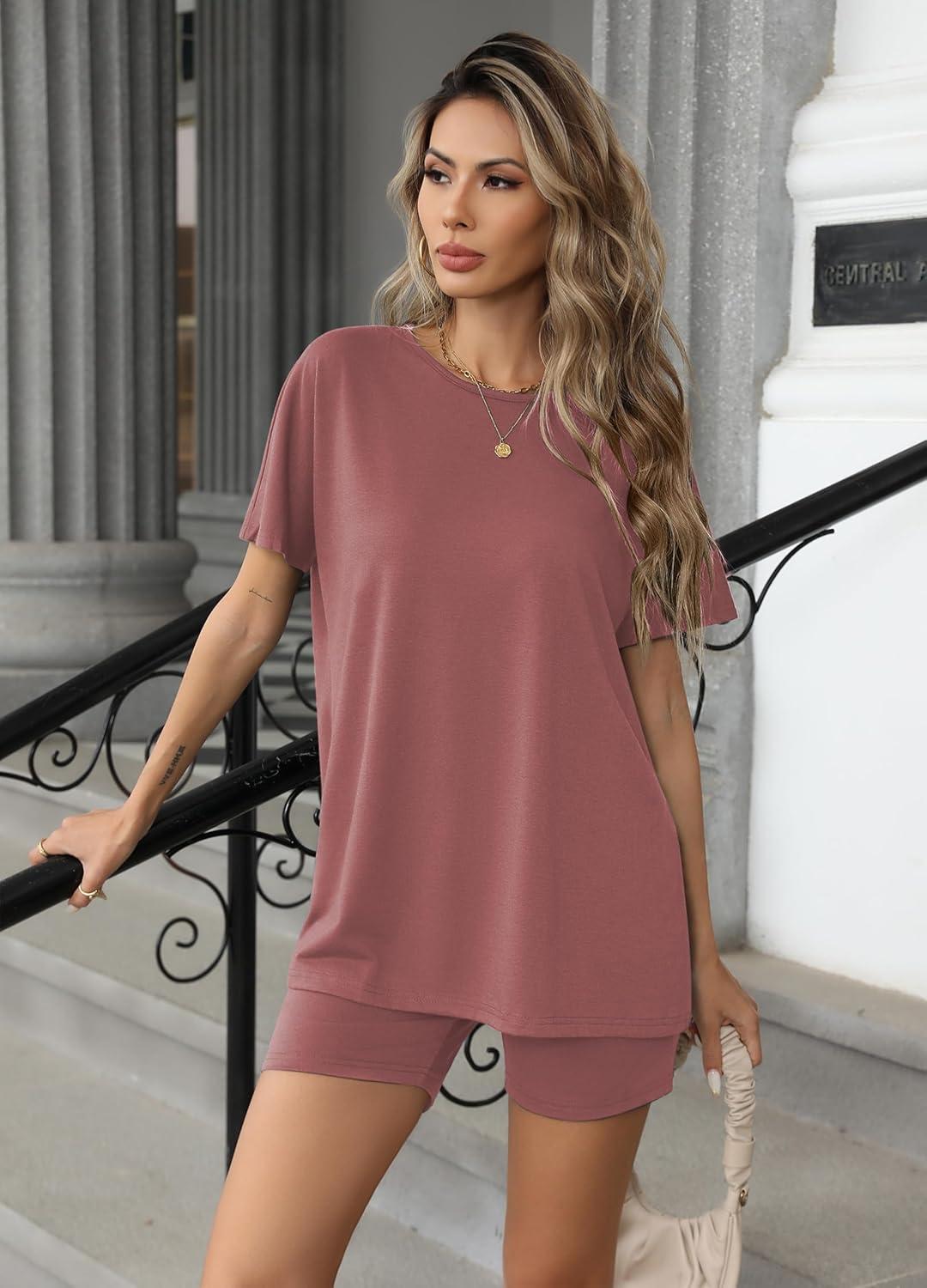 imageEkouaer Womens 2 Piece Lounge Set 2026 Summer Biker Shorts Set Outfits Short Sleeve Oversized Top Matching TracksuitDusty Rose