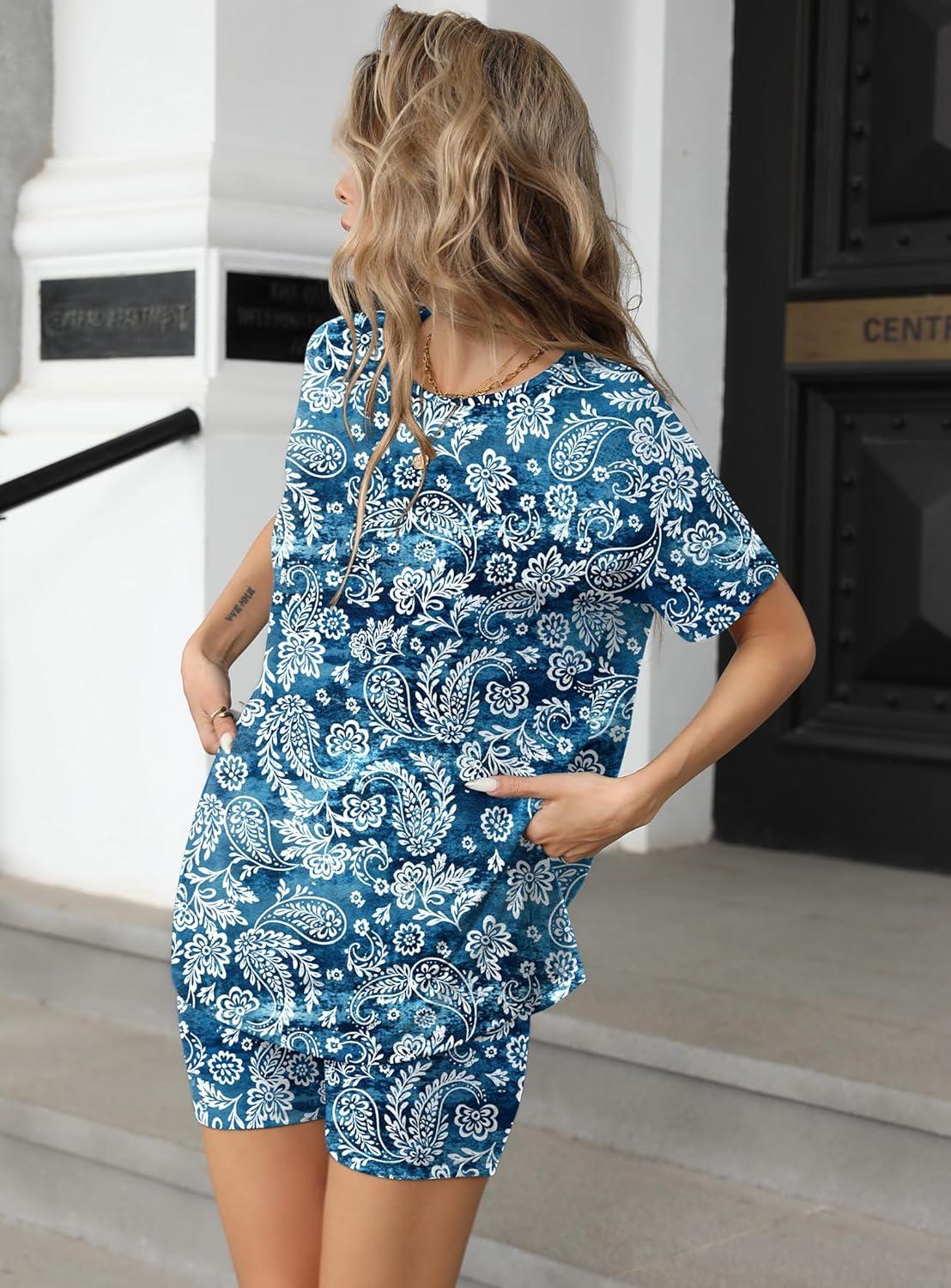 imageEkouaer Womens 2 Piece Lounge Set 2026 Summer Biker Shorts Set Outfits Short Sleeve Oversized Top Matching TracksuitTiedye Blue Cashew Flower