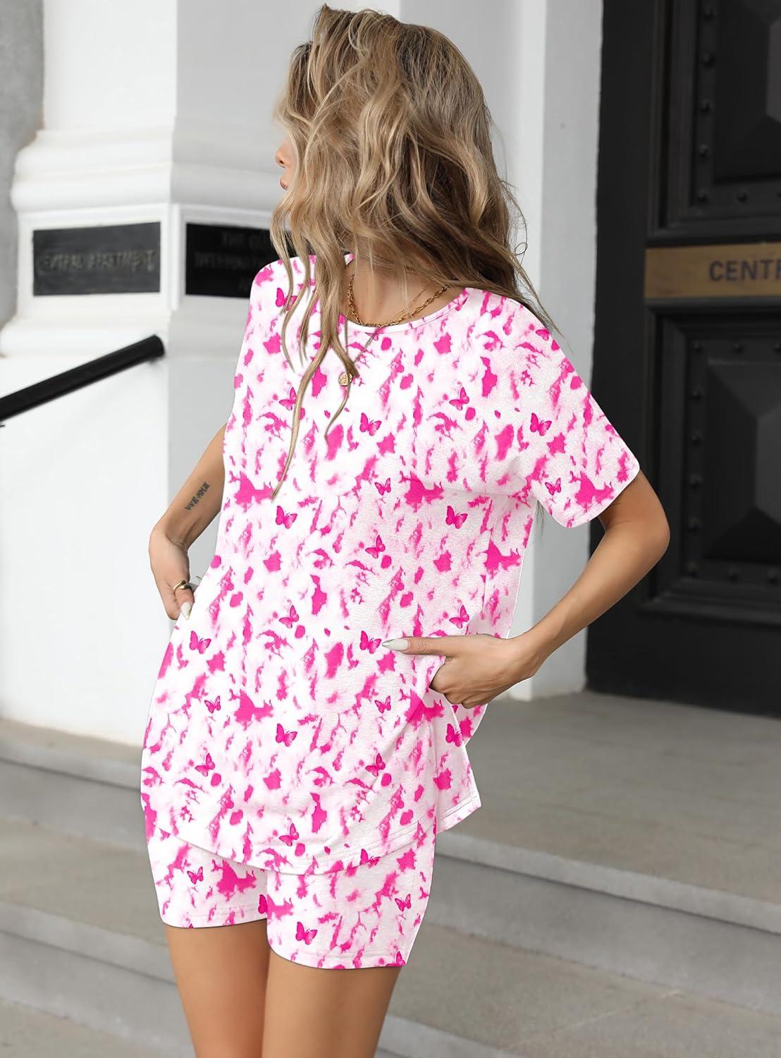 imageEkouaer Womens 2 Piece Lounge Set 2026 Summer Biker Shorts Set Outfits Short Sleeve Oversized Top Matching TracksuitTiedye Pink Butterfly