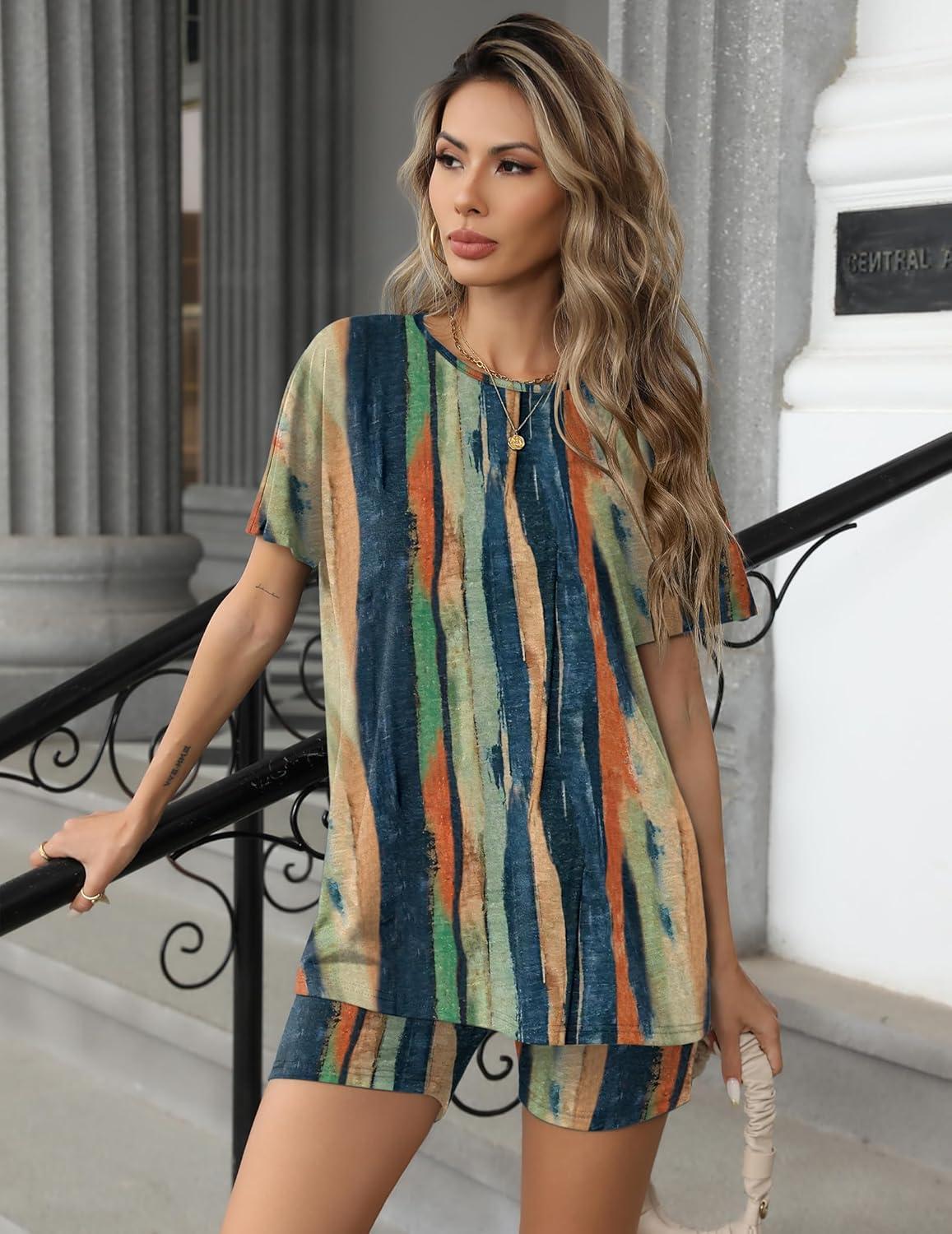 imageEkouaer Womens 2 Piece Lounge Set 2026 Summer Biker Shorts Set Outfits Short Sleeve Oversized Top Matching TracksuitTiedye Stripe