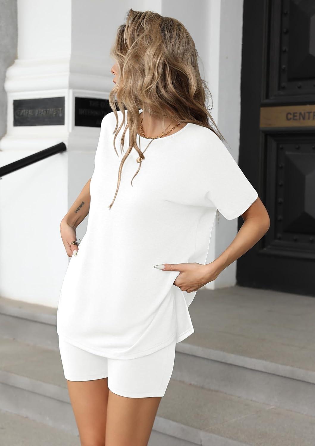 imageEkouaer Womens 2 Piece Lounge Set 2026 Summer Biker Shorts Set Outfits Short Sleeve Oversized Top Matching TracksuitWhite
