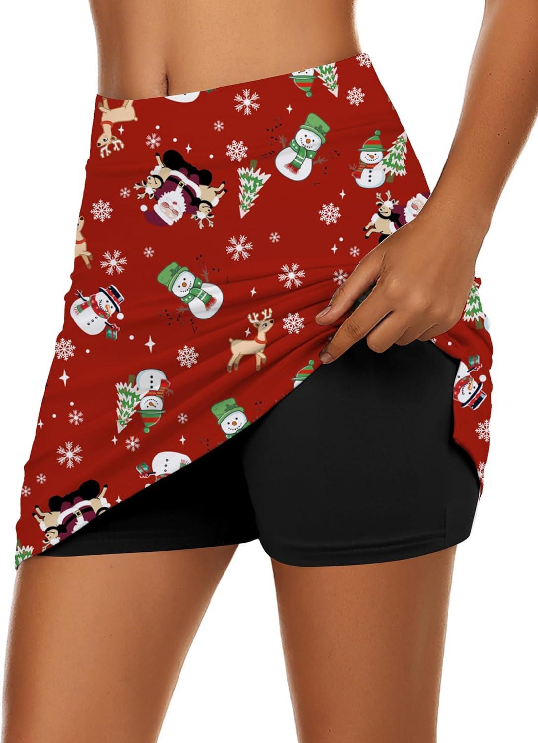 imageEkouaer Womens Active Performance Skort Lightweight Skirt for Running Tennis Golf Workout SportsRed Christmas Print