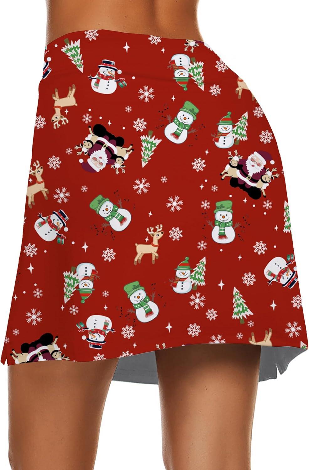 imageEkouaer Womens Active Performance Skort Lightweight Skirt for Running Tennis Golf Workout SportsRed Christmas Print
