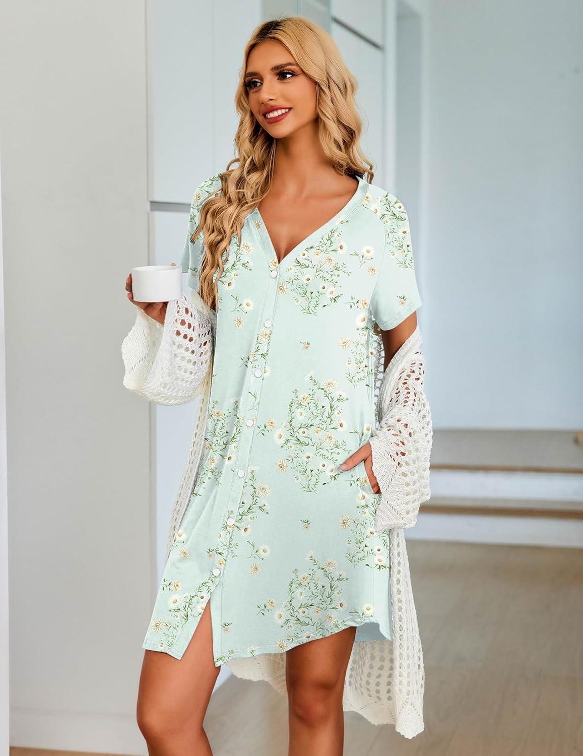 imageEkouaer Womens Button Down Nightgown Short Sleeve Sleepshirt V Neck Night Shirt Soft Pajamas Dress with PocketsFloral Green