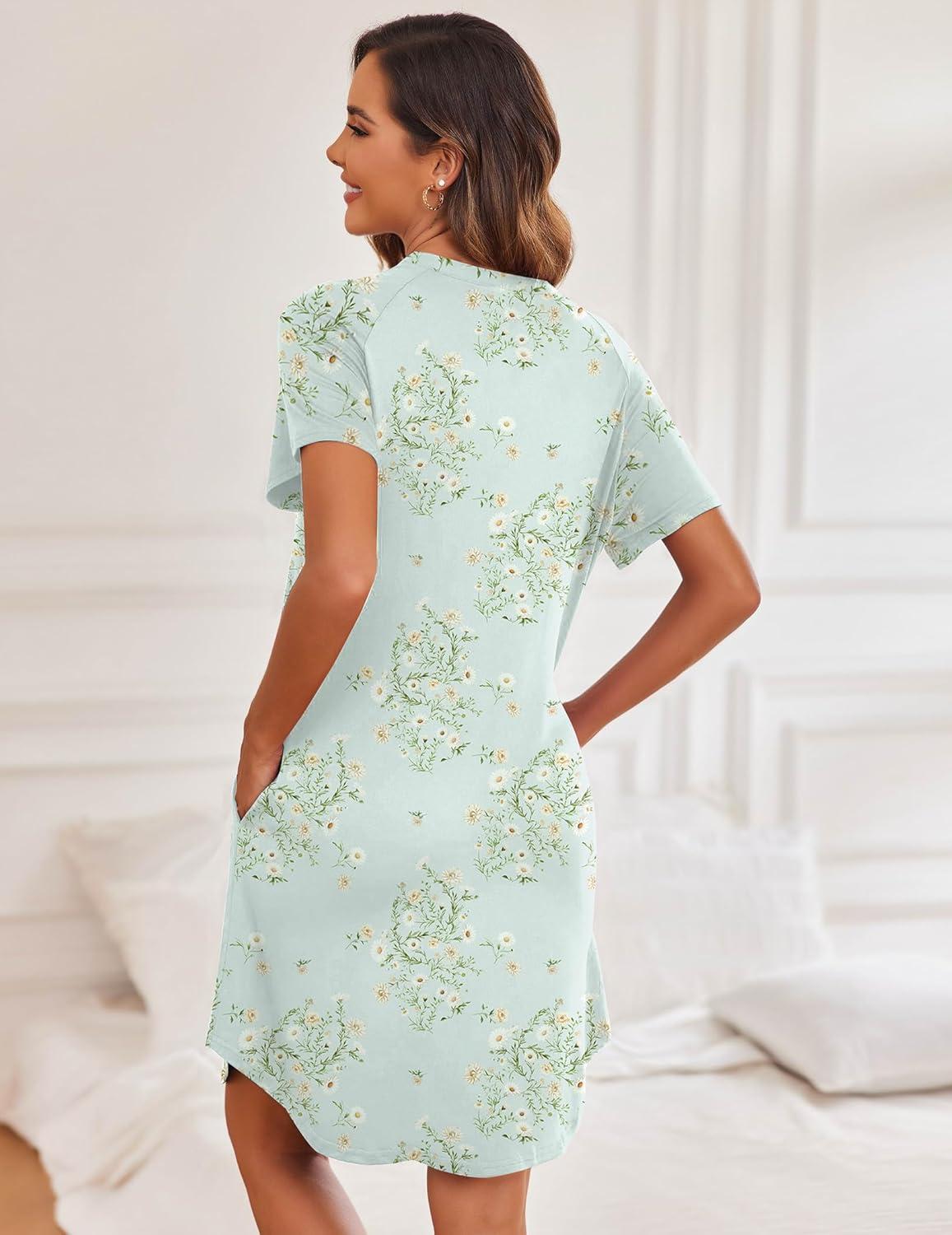 imageEkouaer Womens Button Down Nightgown Short Sleeve Sleepshirt V Neck Night Shirt Soft Pajamas Dress with PocketsFloral Green