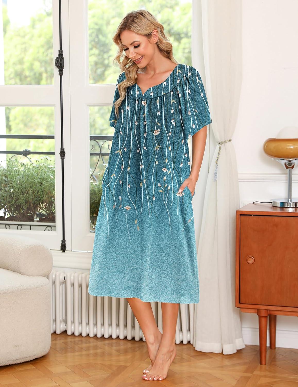 imageEkouaer Womens House Dress with PocketsLeaf Blue