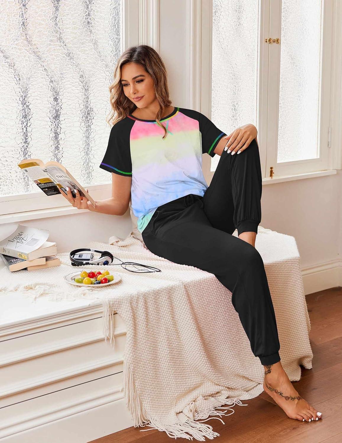 imageEkouaer Womens Jogger Pajamas Sets 2 Piece Raglan Short Sleeve Pjs Lounge Set Soft Sleepwear with Pockets SXXLTiedye Green