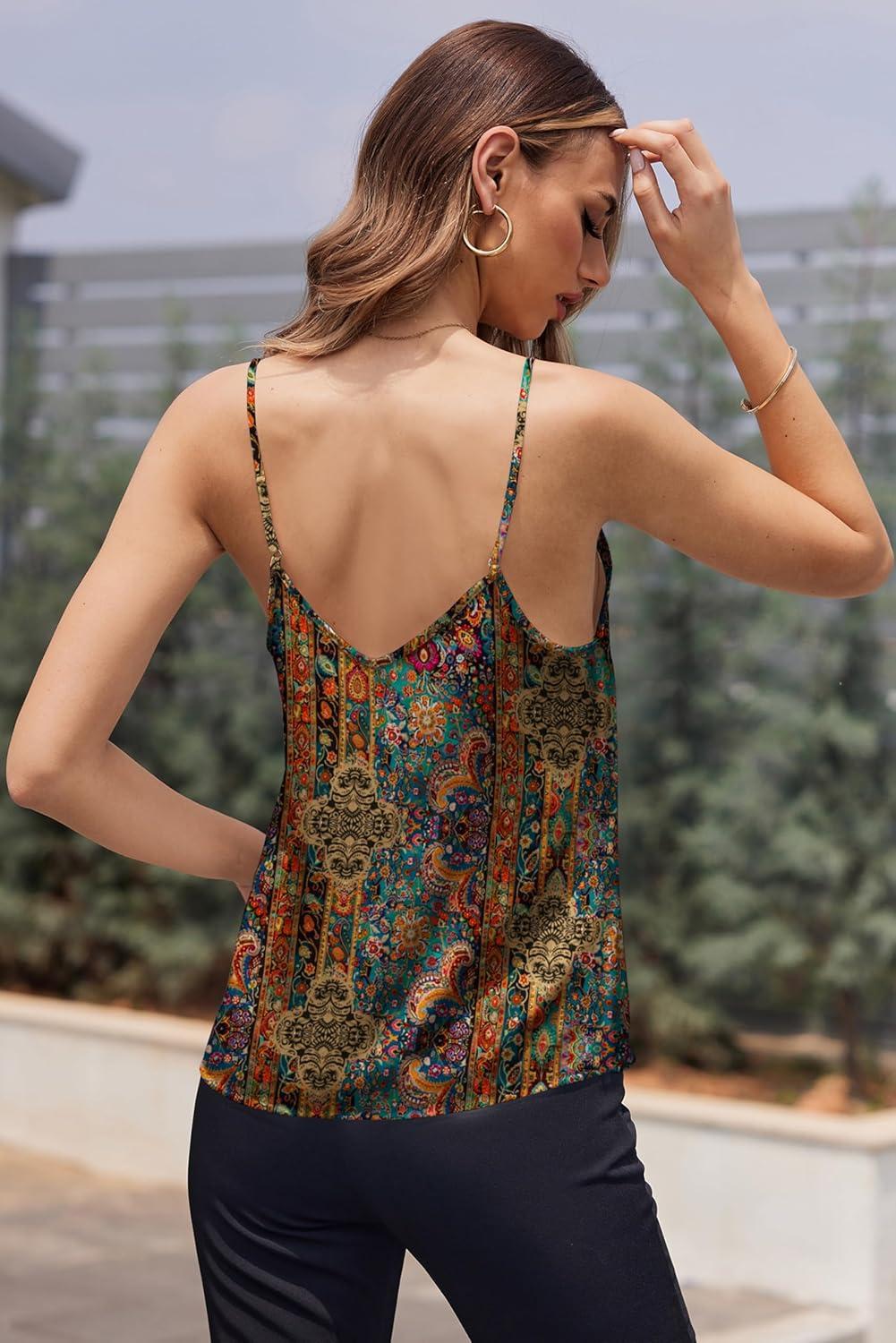 imageEkouaer Womens Lace Silk Satin Pajama Tank Tops V Neck Camisole Soft Spaghetti Strap Tops Loose Sleepwear S3XLYellow Paisley Print