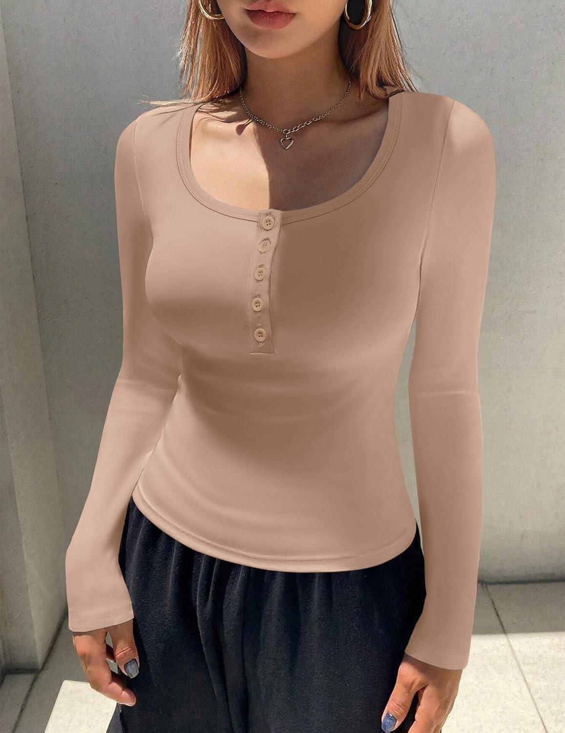 imageEkouaer Womens Long Sleeve Henley T Shirts Fall Button Tops Slim Fit Casual Blouse Soft Thermal UndershirtsKhaki