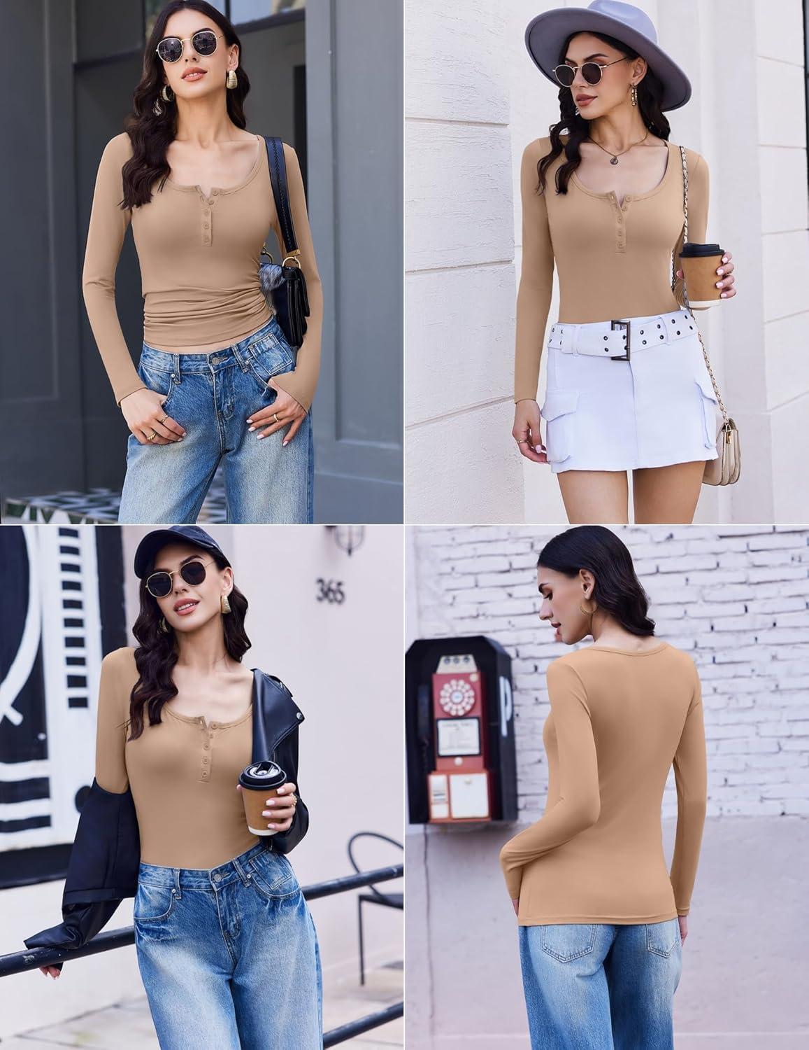 imageEkouaer Womens Long Sleeve Henley T Shirts Fall Button Tops Slim Fit Casual Blouse Soft Thermal UndershirtsKhaki