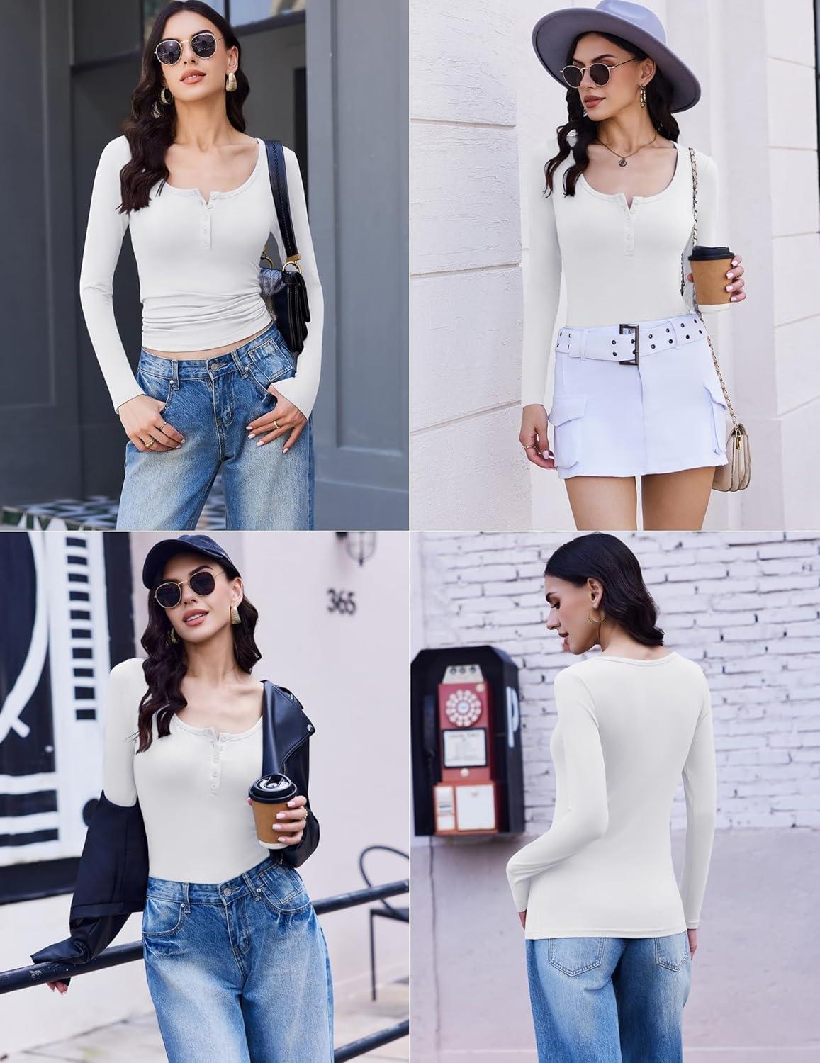 imageEkouaer Womens Long Sleeve Henley T Shirts Fall Button Tops Slim Fit Casual Blouse Soft Thermal UndershirtsWhite