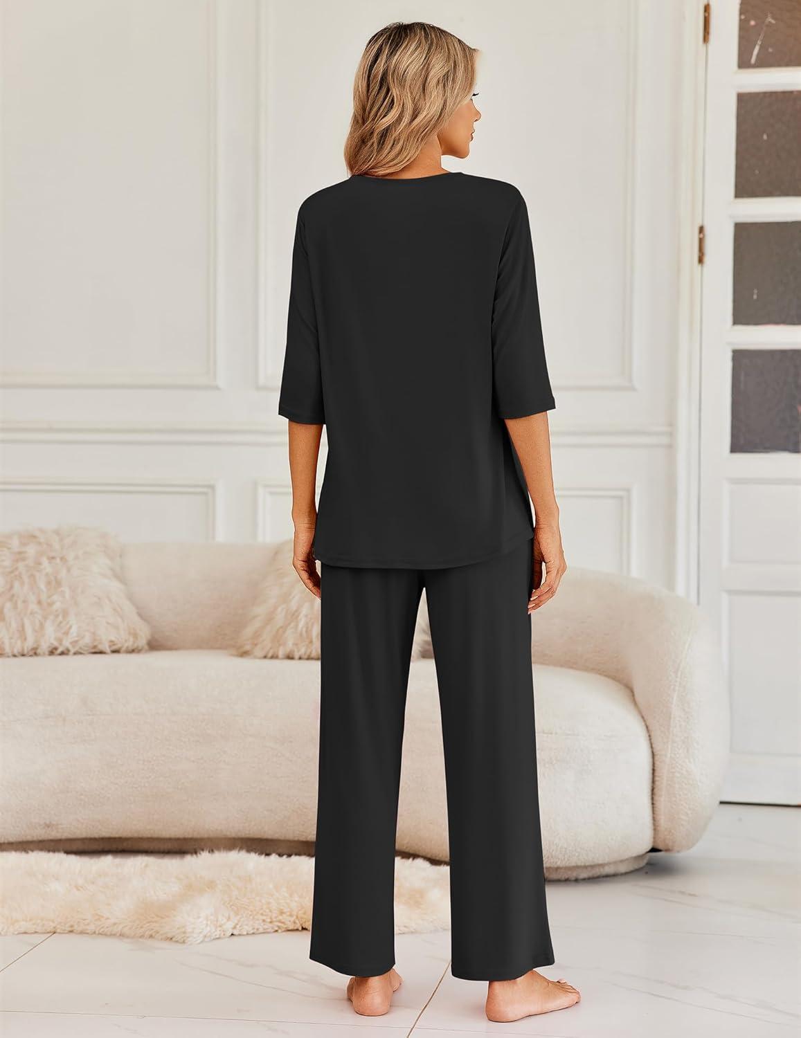 imageEkouaer Womens Lounge Sets 2 Piece Pajamas Sets 34 Sleeve Tops and Long Pants Soft Pjs Loungewear with PocketsBlack