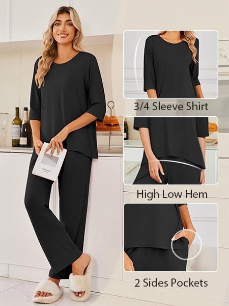 imageEkouaer Womens Lounge Sets 2 Piece Pajamas Sets 34 Sleeve Tops and Long Pants Soft Pjs Loungewear with PocketsBlack