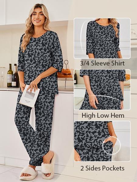 imageEkouaer Womens Lounge Sets 2 Piece Pajamas Sets 34 Sleeve Tops and Long Pants Soft Pjs Loungewear with PocketsBlack Leopard